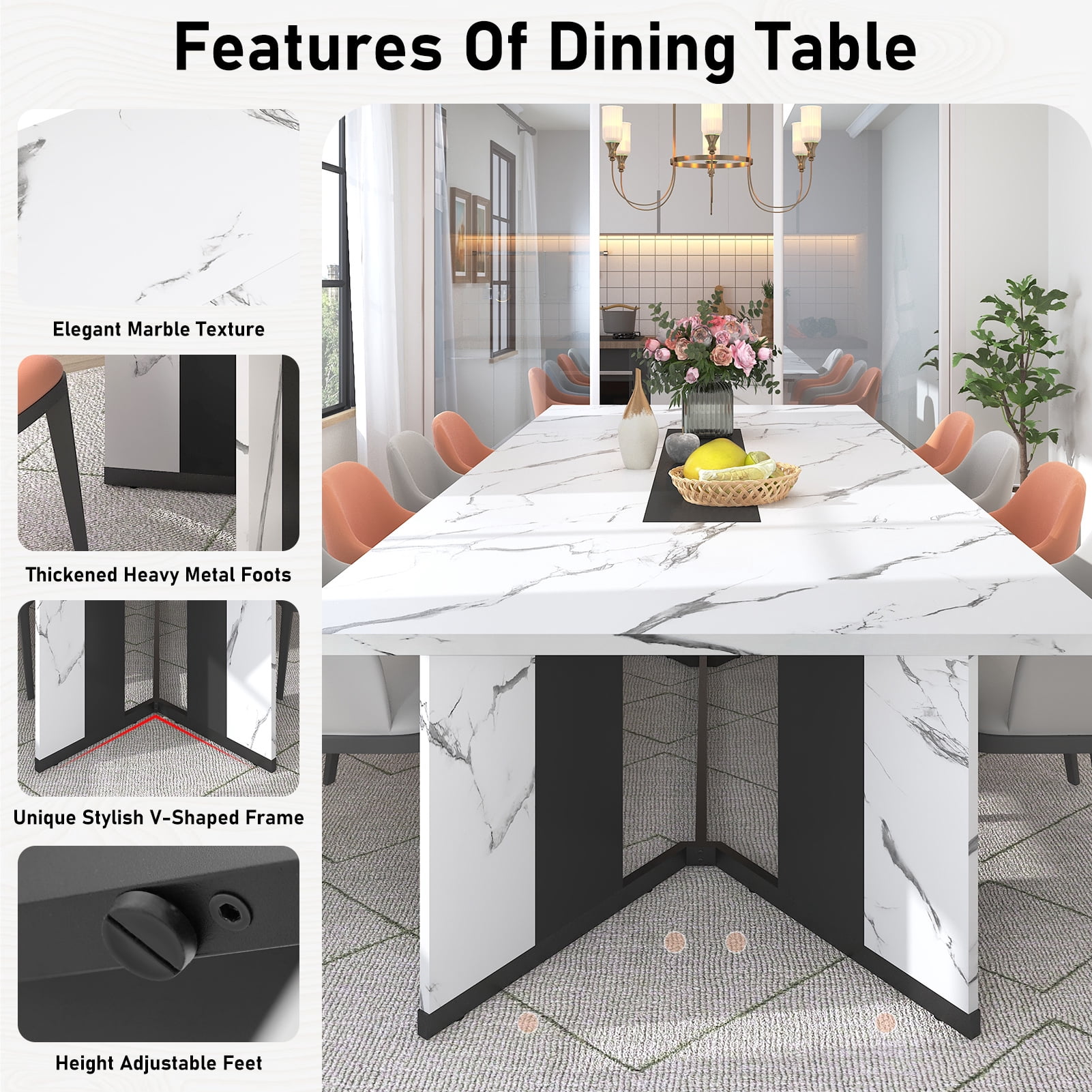 95 inch Large Rectangular Dining Table for 10-12 People, Dining Table with Marble-Color Wood Waterproof Tabletop and Adjustable Leg, 7.9ft Luxurious Family Dinner Table for Office Kitchen Living Room