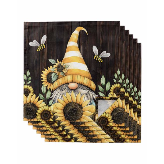 Yellow Gnomes Cloth Napkins Set of 6 Reusable Dinner Napkins, Sunflower Bee Brown Wood Abstract Art Cocktail Napkin Washable Table Napkins for Wedding/Holiday Party/Baby Shower 20"x20"