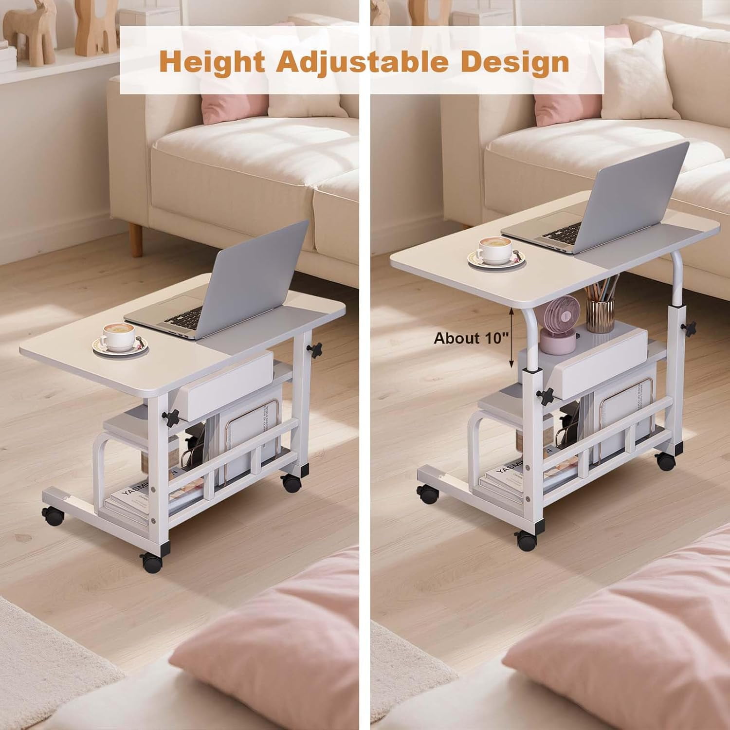 Adjustable Height Mobile Standing Desk – Ergonomic Rolling Computer Table with Storage Shelves – Space-Saving Laptop Desk for Home Office or School – with Wheels, White 80 x 40CM