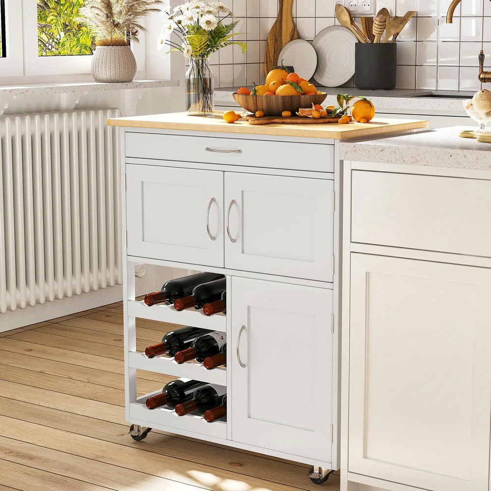 Topcobe Rolling Kitchen Cart, Kitchen Island with Storage Drawer, 9-bottle Wine Rack, Door Cabinets, Wooden Countertop, Modern Furniture, Kitchen Island Carts for Indoor, White