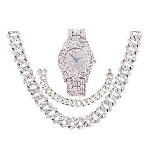 Charles Raymond Blinged Out Mens Hip Hop Wristwatch on Blast w/Zig Zag Iced Out Necklace & Bracelet Sets - New Cuban Z Links w/3 Row Diamonds on Each Side - ST102Series (ST10327 SLV w/Neckl-Bracel)