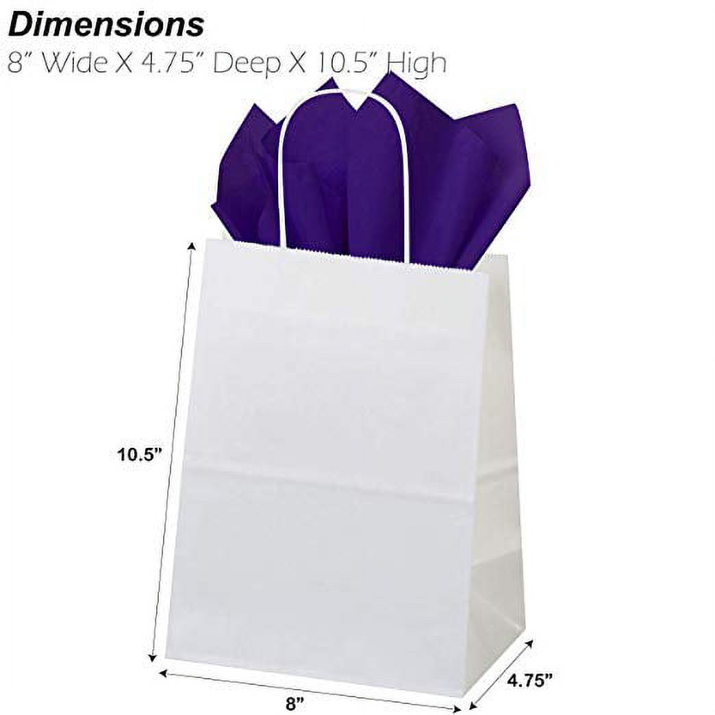 50ct White Paper Gift Bags + 100ct Purple Gift Tissue (Flexicore Packaging)  
