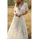 thumbnail image 4 of Vestido de manga corta Cuello en V profundo Corbata con cordón Cintura alta Volantes Una línea Dobladillo Estampado floral Vestido casual para el verano, 4 of 8