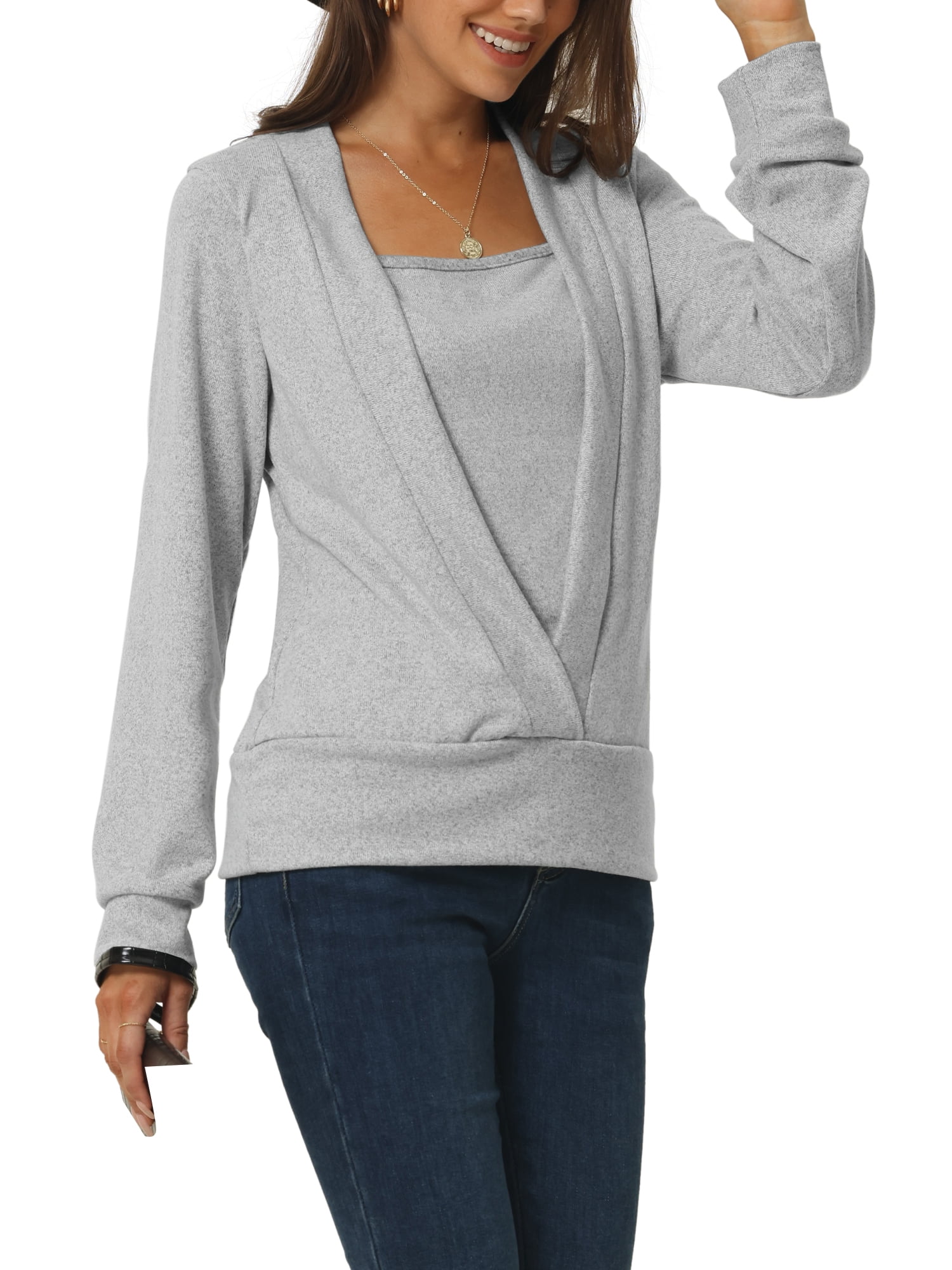 Unique Bargains Women's Long Sleeve Square Neck Solid Color Fake Two-Piece Casual Top