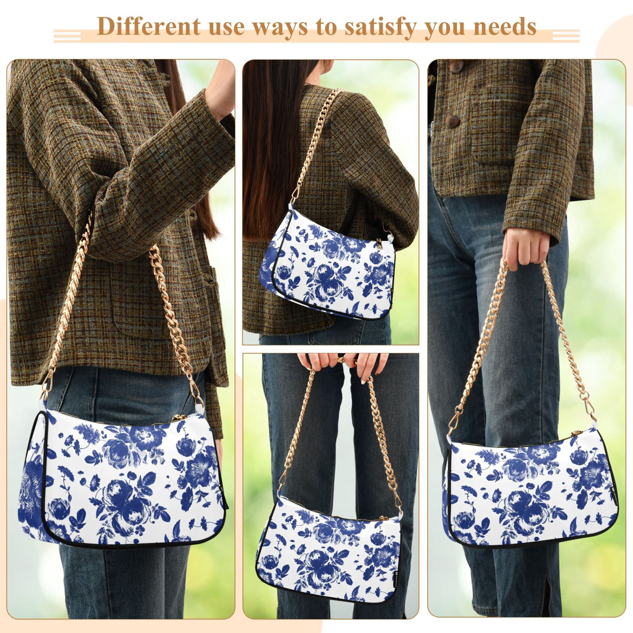 Blue and White Flowers Womens Chain Shoulder Bag Tote Handbag Clutch Hobo Purse with Zipper for Travel Casual
