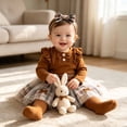 thumbnail image 2 of Enyan Baby Girl Clothes Newborn Fall Winter Outfit Ruffled Long Sleeve Romper Lace Dress Headband Stocking 4Piece Skirt Set 0-18 Months Brown,12-18 Months, 2 of 7