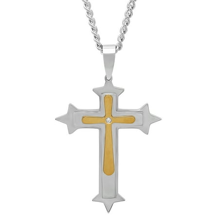 Men's Two-Tone Stainless Steel Diamond Accent Stacked Cross with 24" Curb Chain - Mens Pendant
