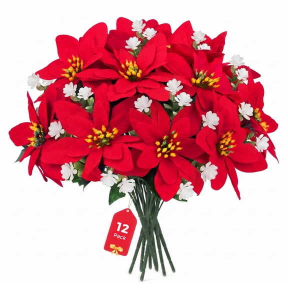 Scidweet Christmas Artificial Flowers, 12 Pack Fake Poinsettias Flowers Bouquet for Outdoor Indoor Home Xmas Tree Table Garden Porch Decor, Red White