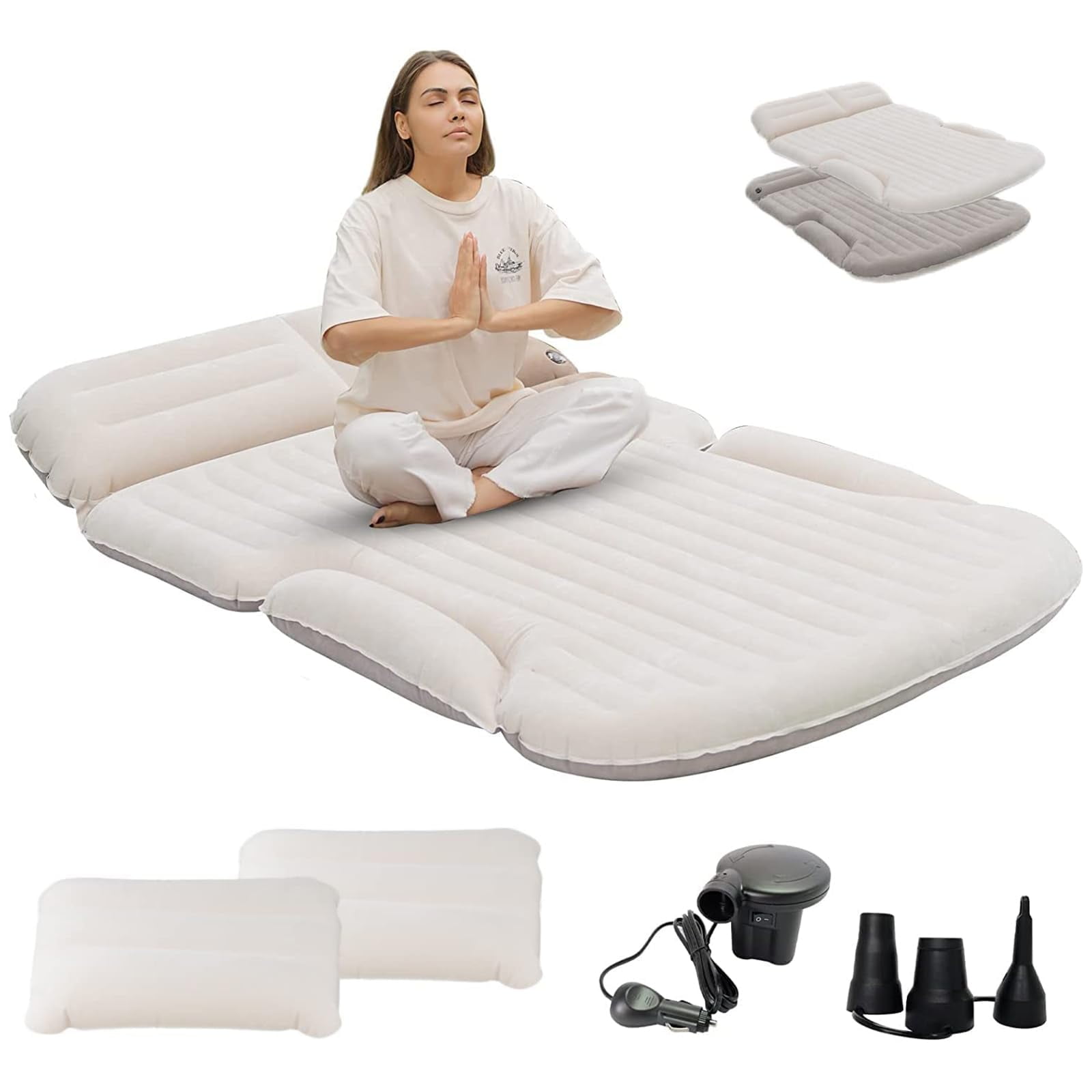 QDH SUV Air Mattress Thickened and Double-Sided Flocking Travel Camping Bed with 2 Pillows & Electric Pump Dedicated Mobile Cushion Inflatable Bed for SUV Trunk and Rear Seat (Beige and Coffee)