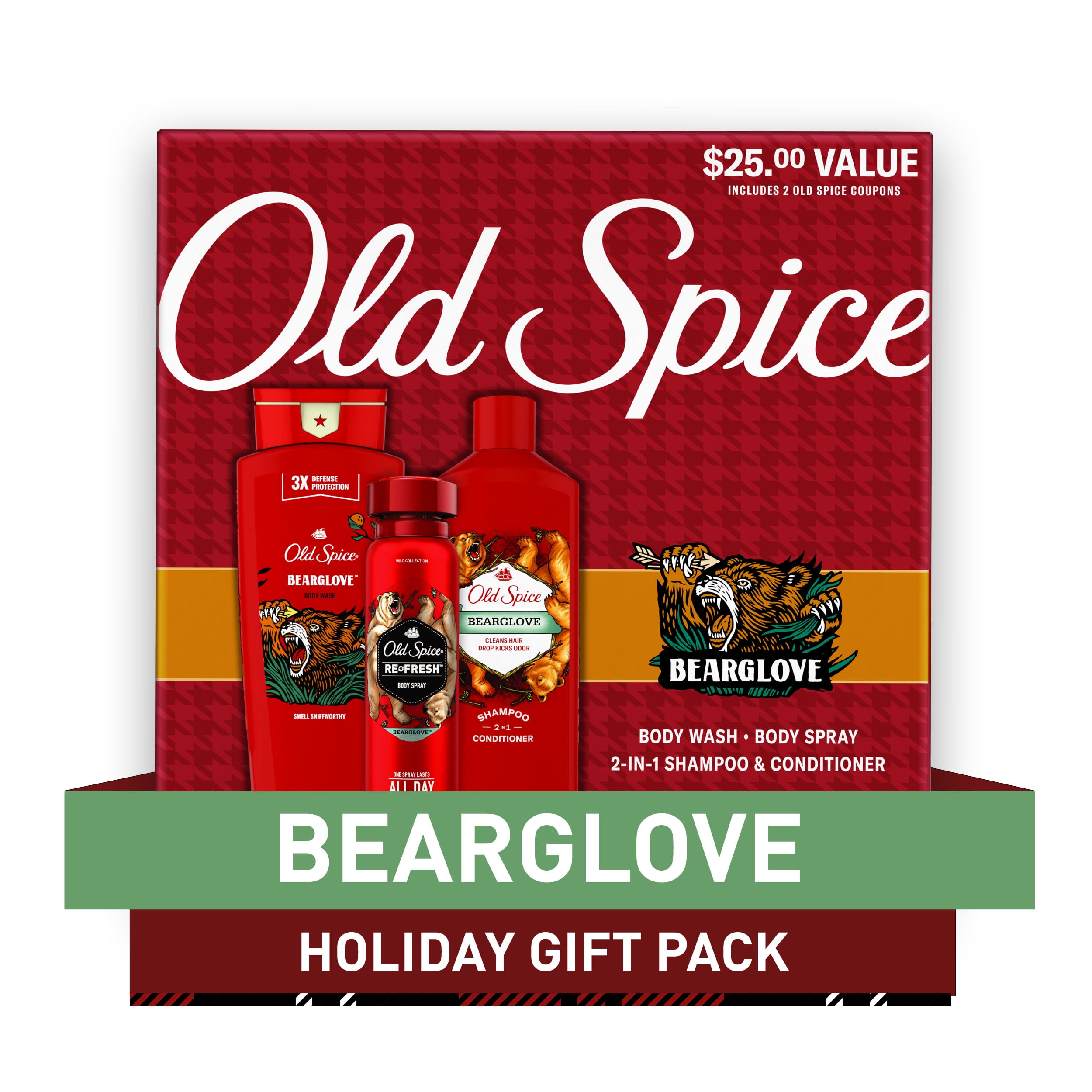 ($25 Value) Old Spice Bearglove Holiday Gift Pack, Includes Body Wash, Body Spray and 2-in-1 Shampoo & Conditioner