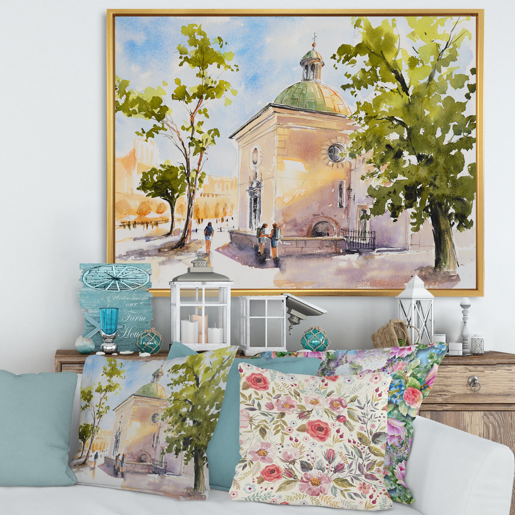 Designart 'People At Rustic Church In The Village' Country Framed Canvas Wall Art Print