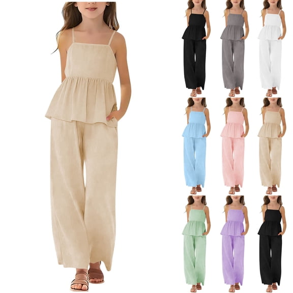 HAOTAGS Girls 2PC Outfit Sets,Solid Cami Tank Top with Pocket Cropped Culotte Pants for Kids Beige Size 9/10