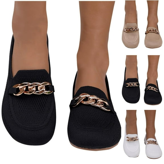 Miluxas Women's Round Toe Knitted Flats Shoes Metal Chain Strap Slip On Comfortable Dress Ballet Flat Breathable White 9.5(43)