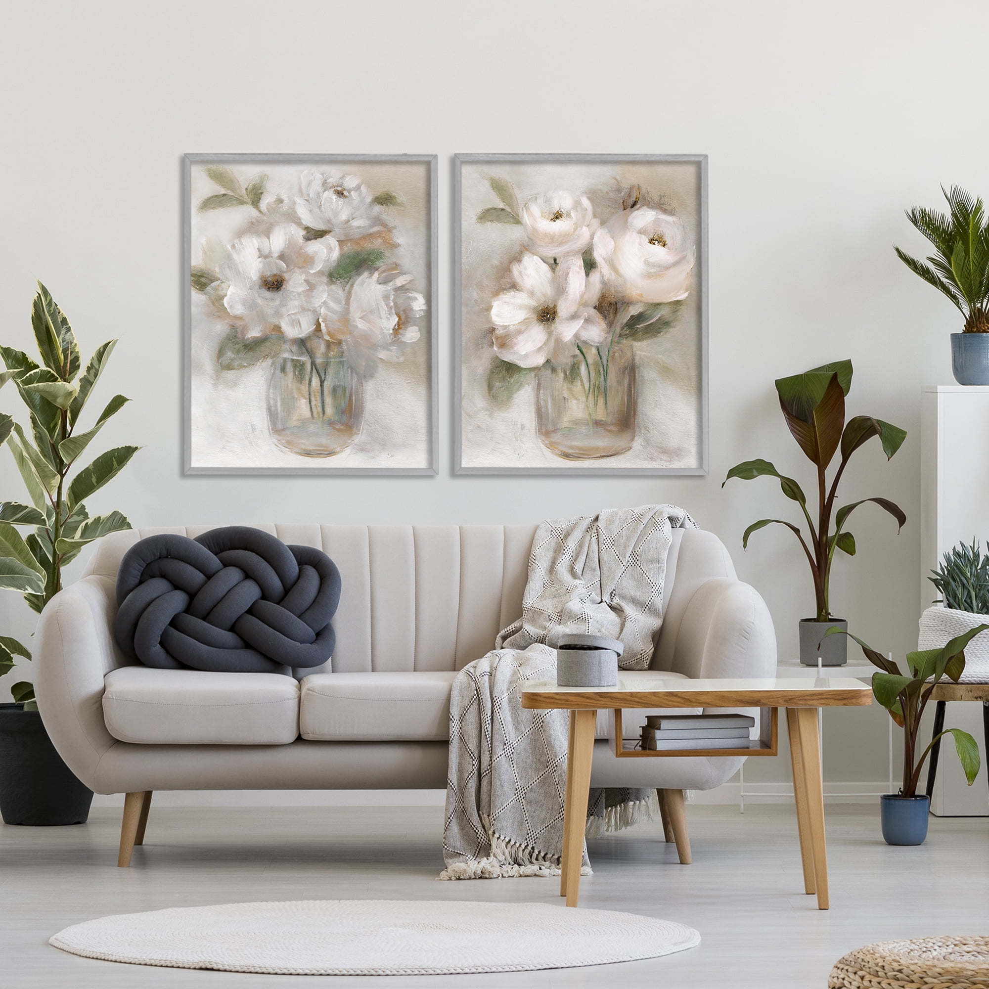 Stupell Industries Brushed White & Beige Roses 2 Piece Gray Framed Giclee Art Set, design by Nan