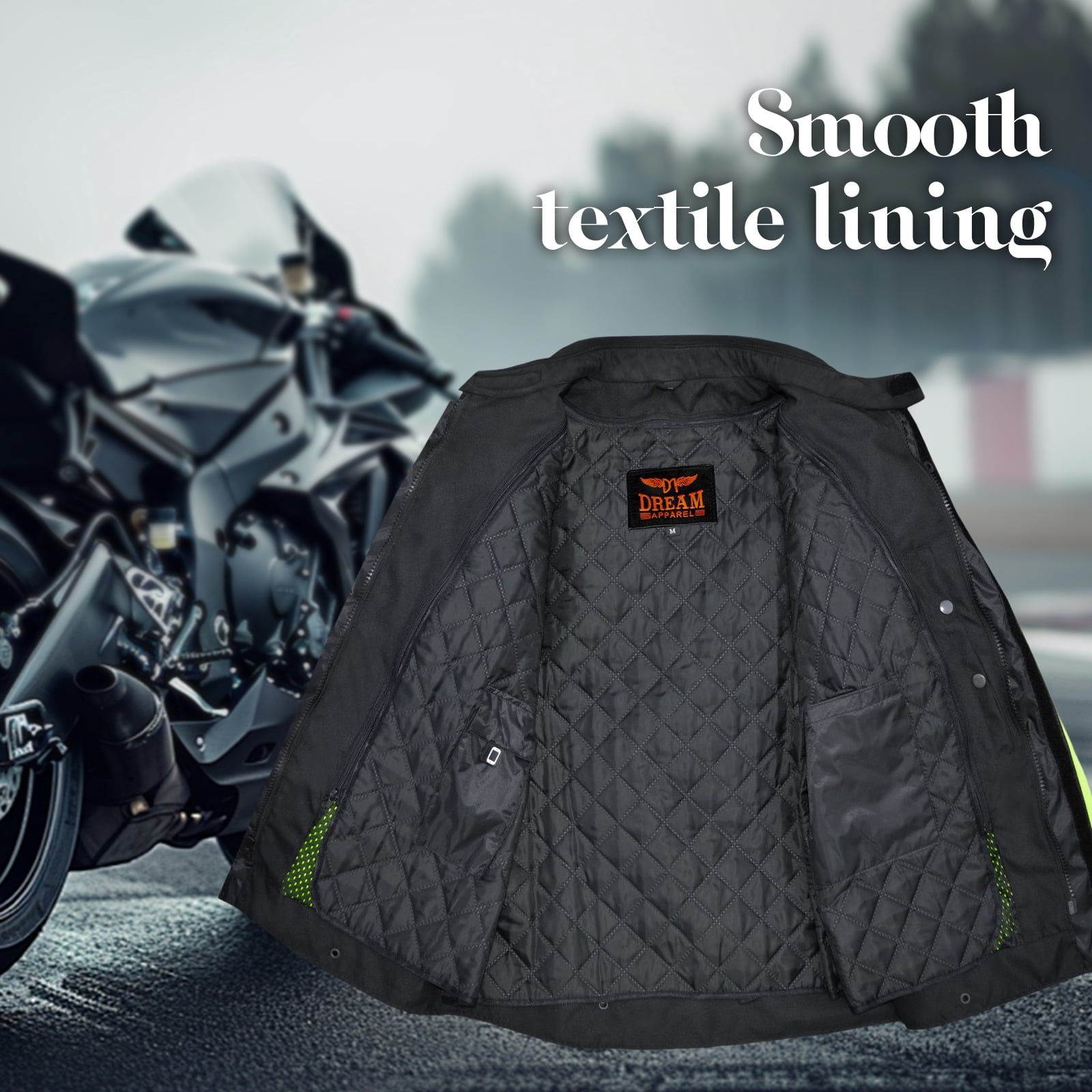 Dream Apparel Mens Motorcycle jacket Black, Armored Protective Round Neck & Air Vents
