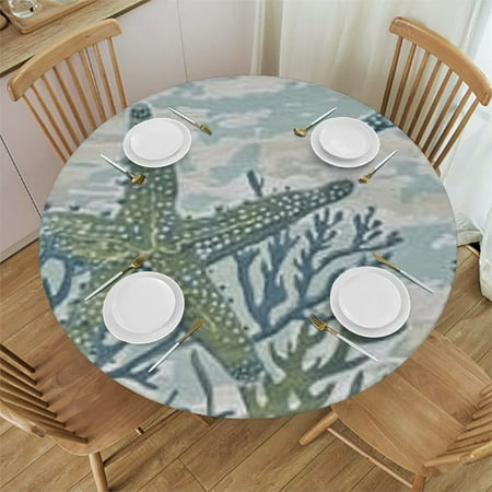 

HAOXIT Round Waterproof Table Cover Tablecloth Fitted Elastic Edged Round Table Cover Fits Round Tables Abstract Ocean Beach Coral Blue 42-46