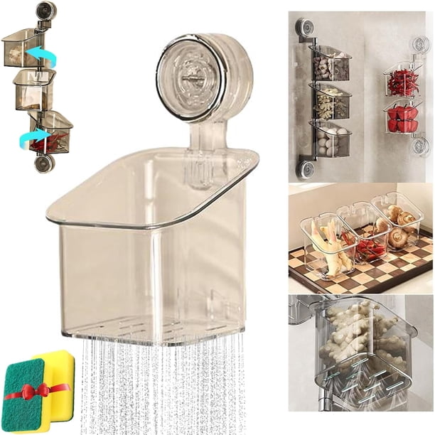 Organizador giratorio con ventosa, cesta de almacenamiento de cocina de 3 niveles, organizador de contenedores montado en la pared, contenedor de almacenamiento con ventosa sin taladros, estante para
