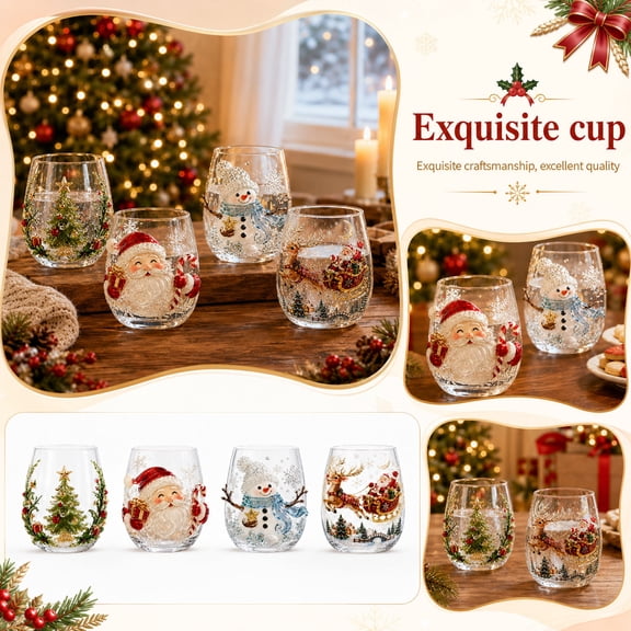 3D Christmas Glass Art Cup, Christmas Stemless Wine Glasses, Santa Snowman Reindeer Tree Drinking Glasses for Coffee Cocktails Whiskey Soda, Unique Christmas Gift