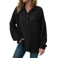 thumbnail image 2 of Kaprioy Womens Tops Waffle Knit V-Neck Long Sleeve T-shirts Button Down with Pockets Tunic Early Fall Fashion Clothing Black, XXL, 2 of 5
