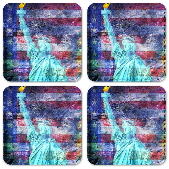Vinyl Drink Coasters - Set of 4 - Statue of Liberty with Flag Background