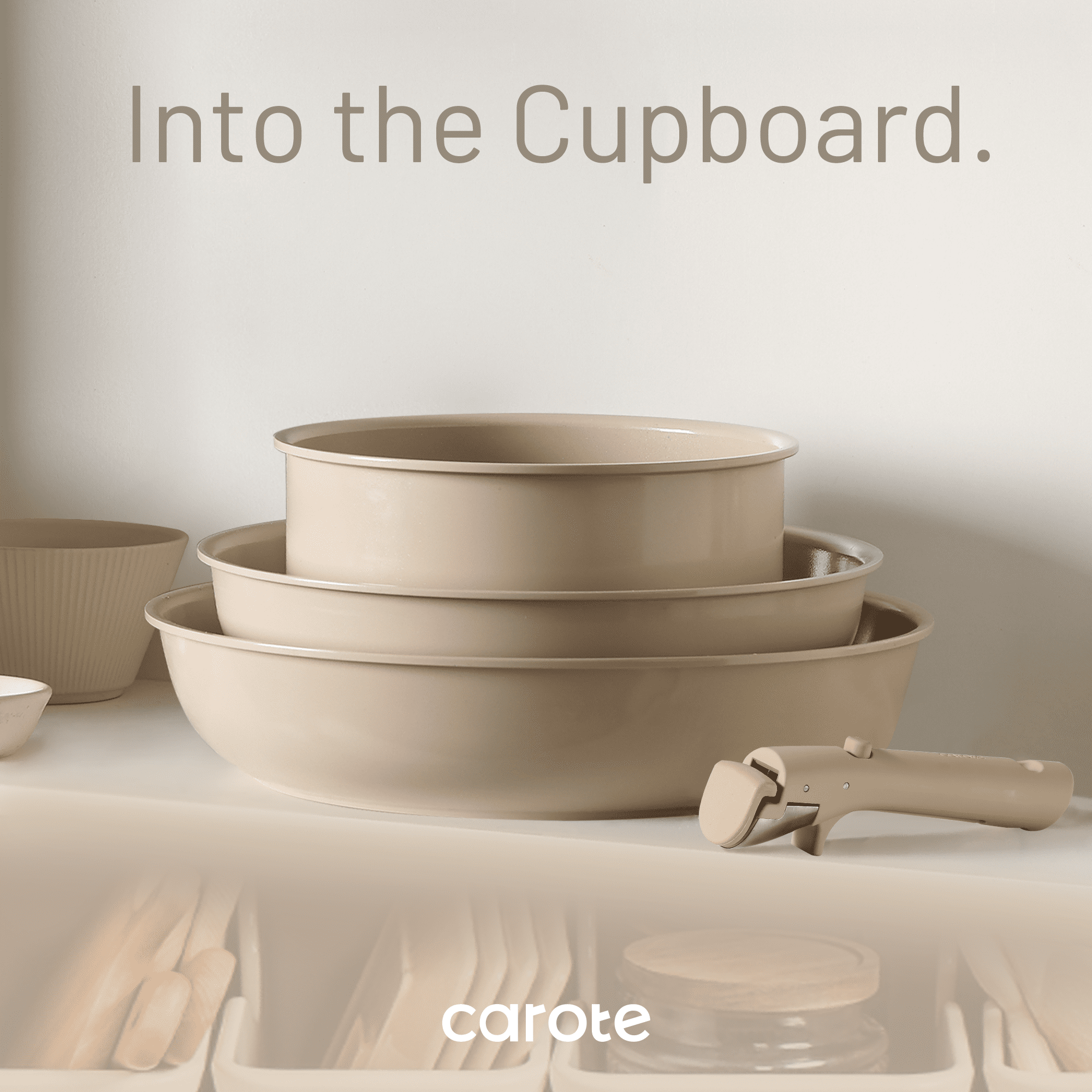 Carote Ceramic Cookware Set, Non Toxic Detachable Pots and Pans, 8 Pcs Induction Cookware, Taupe