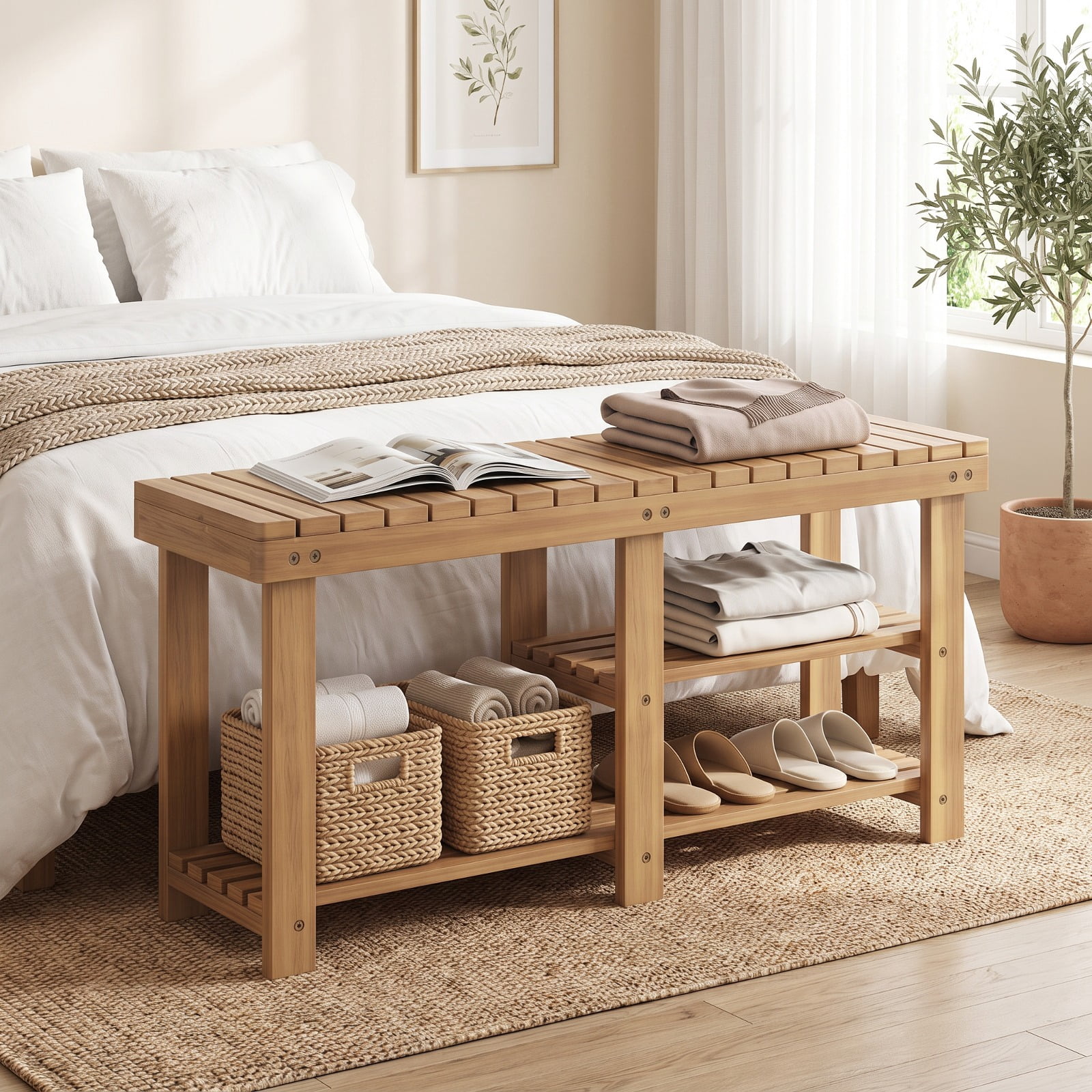 Furnibear 3 Tier Solid Wood Shoe Rack Bench with Slatted Shelves for Entryway Hallway and Living Room Shoe Storage Large Size, Natural