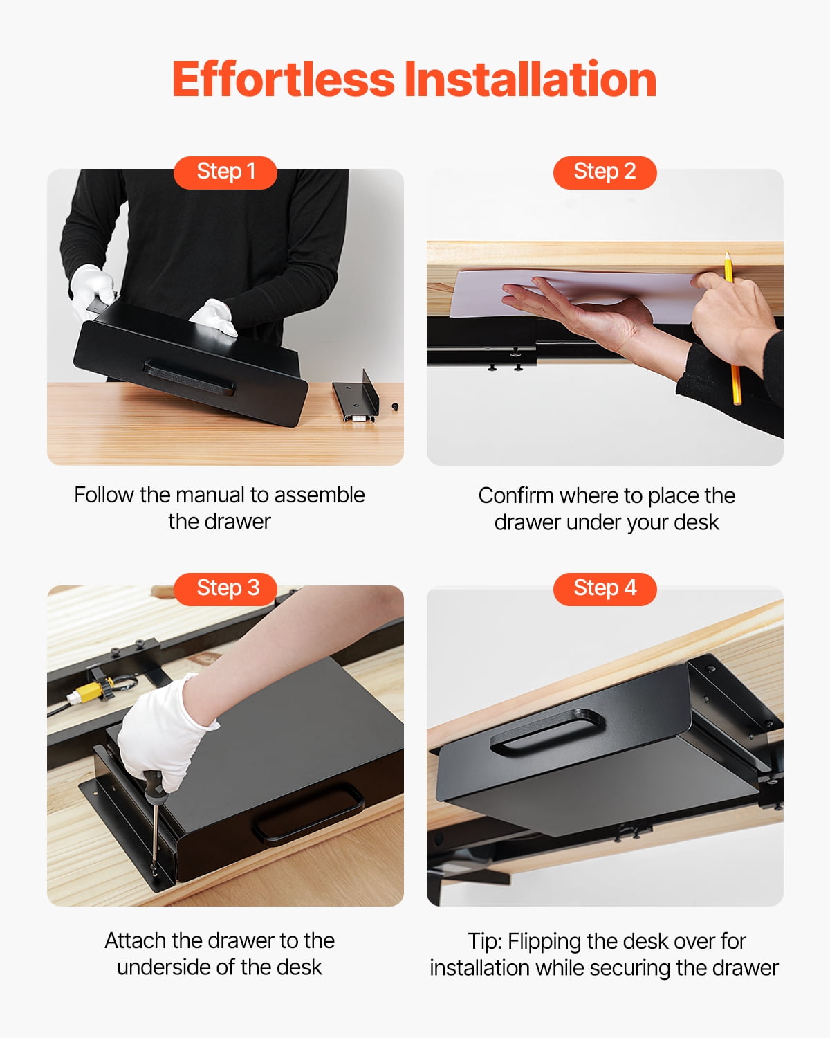 VEVOR 13" Wide Under Desk Drawer Slide Out, Under Desk Mount Pull Out Drawer Attachment, Hidden Desk top Storage Organizer, Under Table Pencil Drawer for Office Home Sit Stand Workstation,15x9x3 In