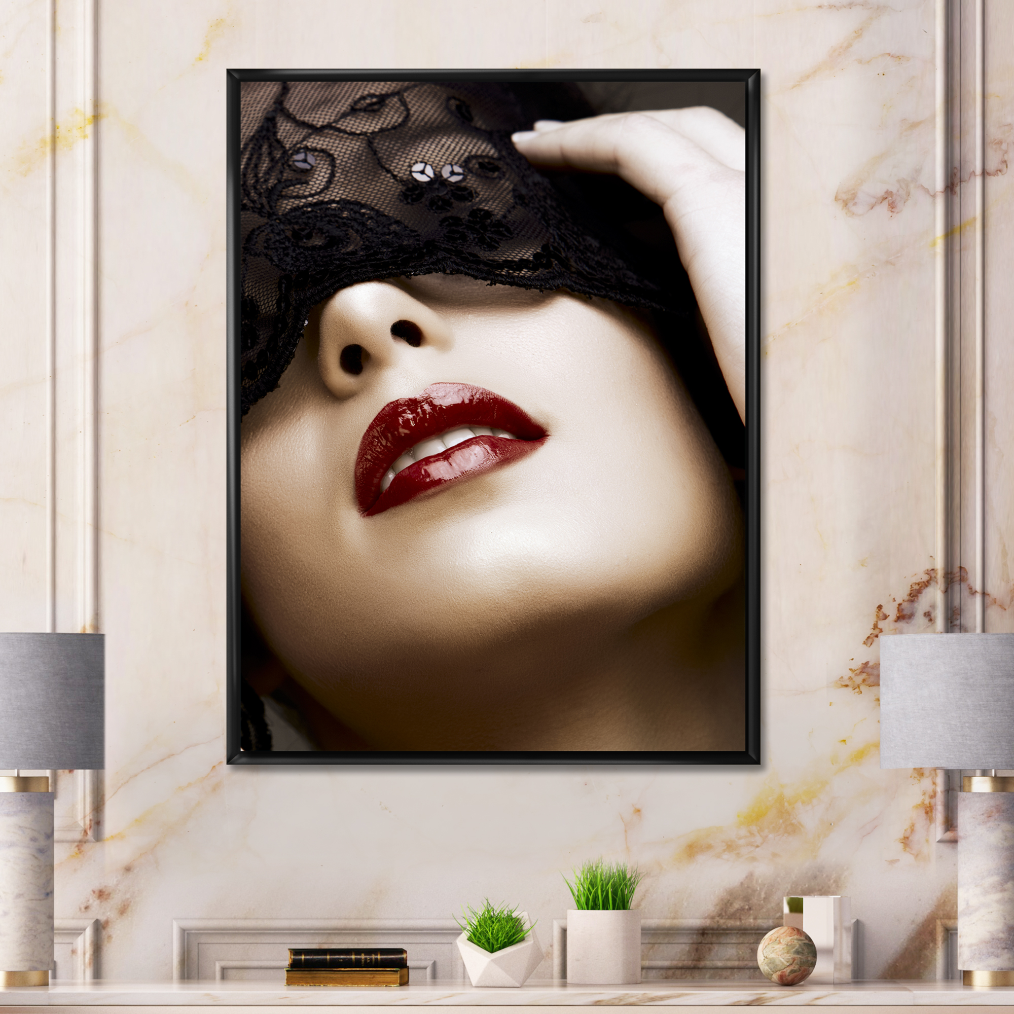 Designart 'Portrait Of Modern Girl With Mask' Modern Framed Canvas Wall Art Print