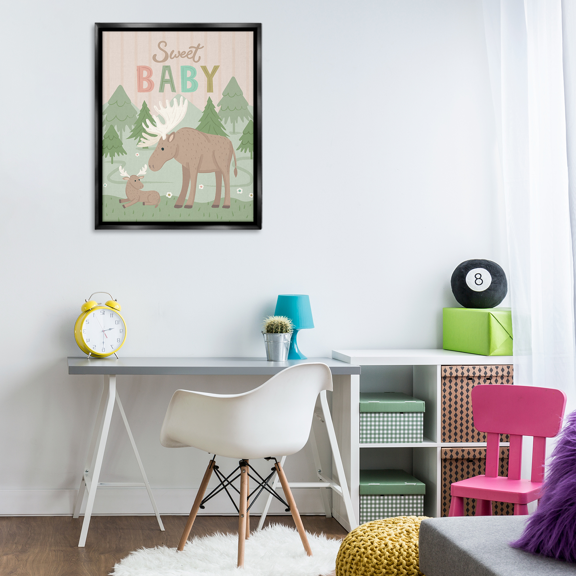 Stupell Industries Sweet Baby Wild Moose Animals Painting Black Floater Framed Canvas Art Print Wall Art, 25 x 31