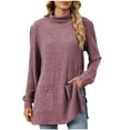 thumbnail image 2 of Zedker Women'S Elegant Side Slit High Neck Casual Long Sleeve Thermal Sweaters with Pockets,Comfy Pits Striped Knitted Tops for Fall,Purple,L, 2 of 4