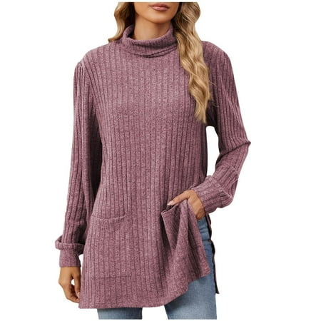 YUGYXL Womens Fall Tunic Tops Long Sleeve Shirts Turtleneck Lightweight Sweaters Side Split Tops with Pockets Purple L