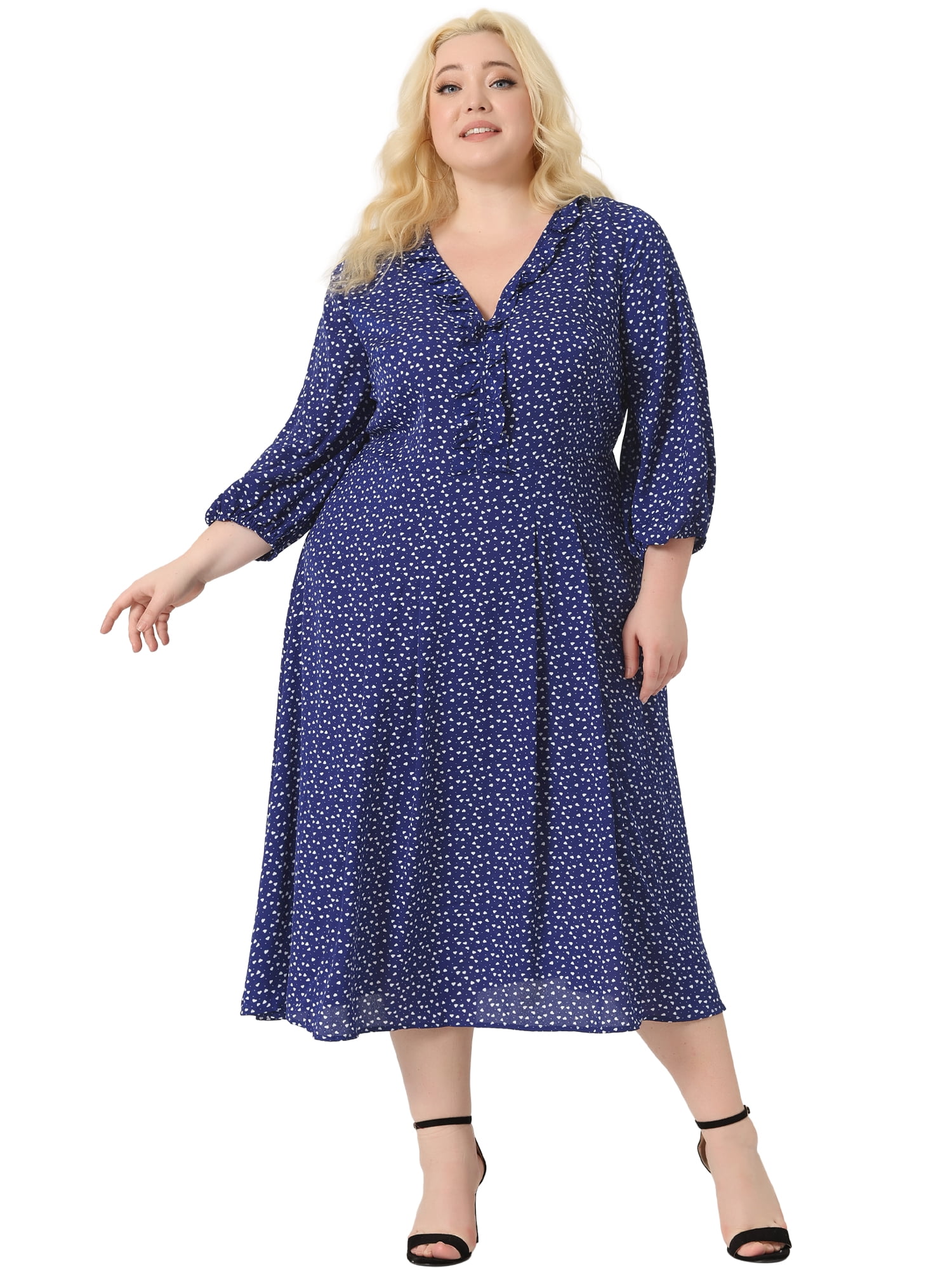DARING DIVA Plus Size Elbow Sleeve Sweetheart Midi Ruffle Dress 3X Blue