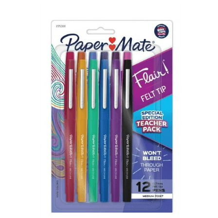 Paper Mate Flair Felt Tip Pens, Medium Point (0.7mm), Assorted Colors, 12 Count