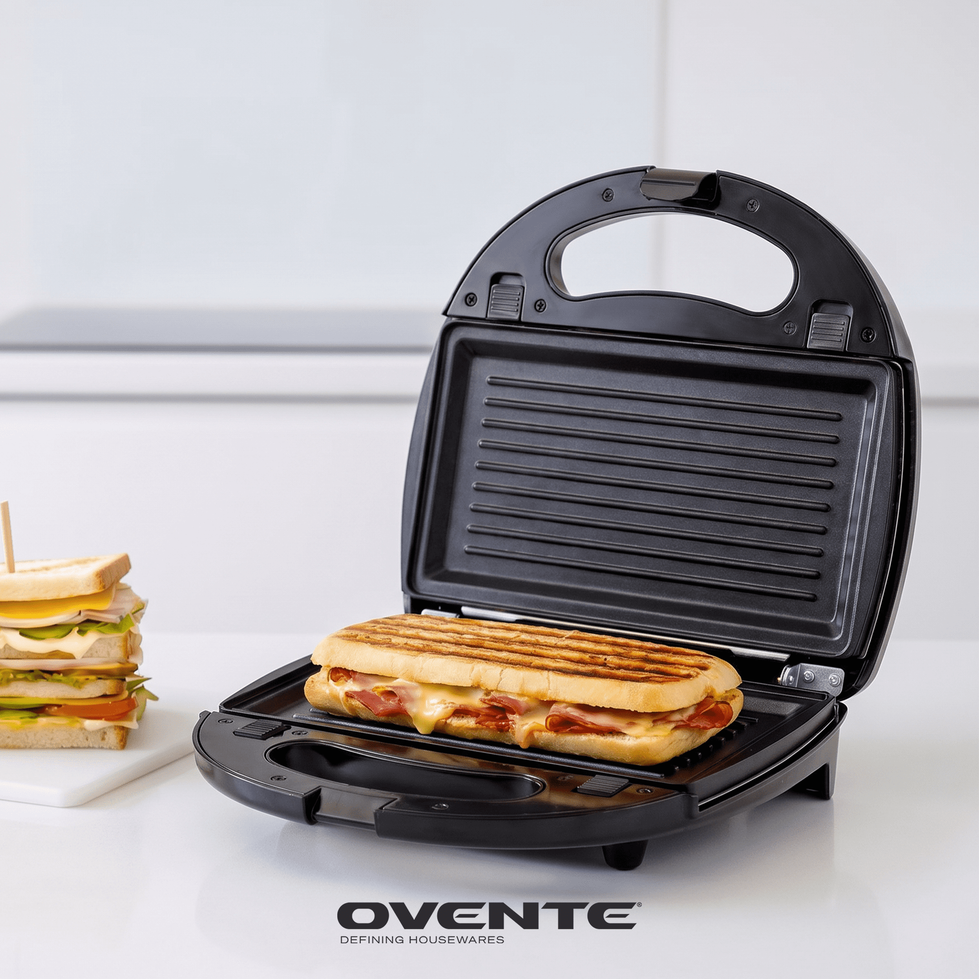 OVENTE 3 in 1 Electric Sandwich Maker, 750W Non-Stick Plates, Black GPI302B | Panini Press Grill and Waffle Iron Removable Set , Perfect for Grilled Cheese, Tuna Melts, Burgers, Steaks and Snacks