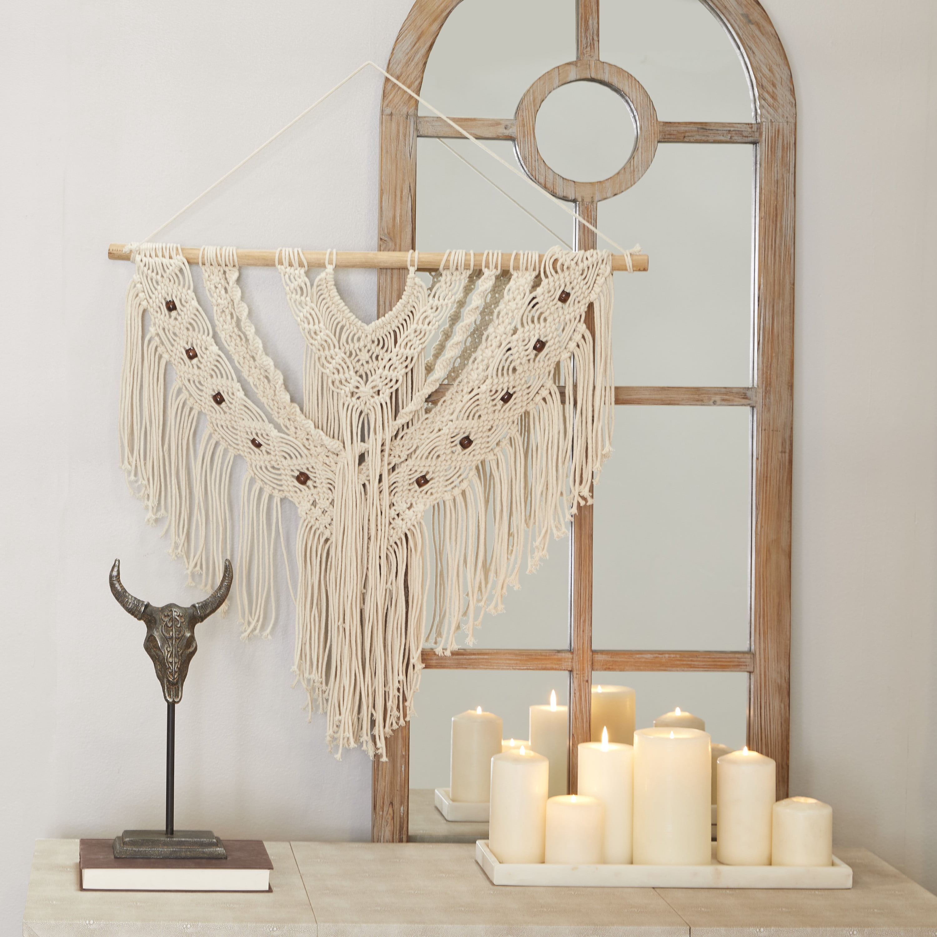 DecMode Cream Cotton Intricately Weaved Macrame Wall Decor with Beaded Fringe Tassels
