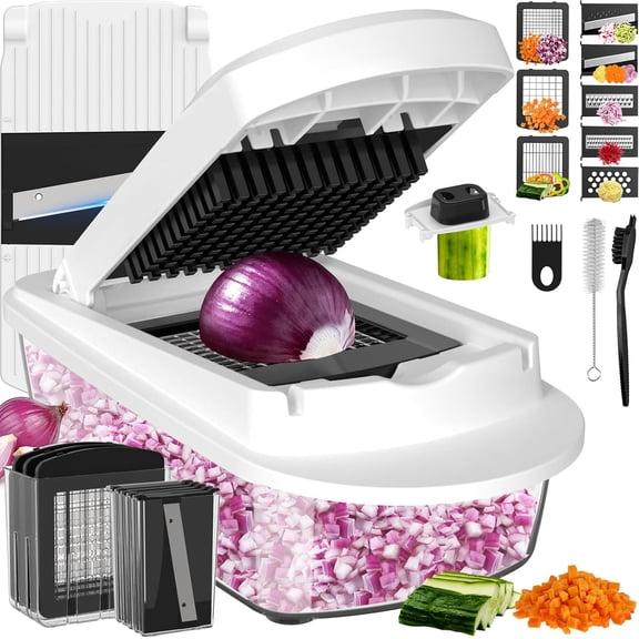 8 Blade All-in-1 Vetable Chopper Mandoline Slicer with Container, Food Chopper, Onion Veggie Cutter for Salad, Kitchen Gadts Accessories Essentials, White