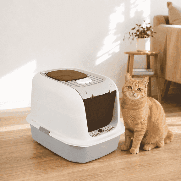 Fly Rabbit Enclosed cat litter box with flip cover and leak-proof design, with scoop, gray
