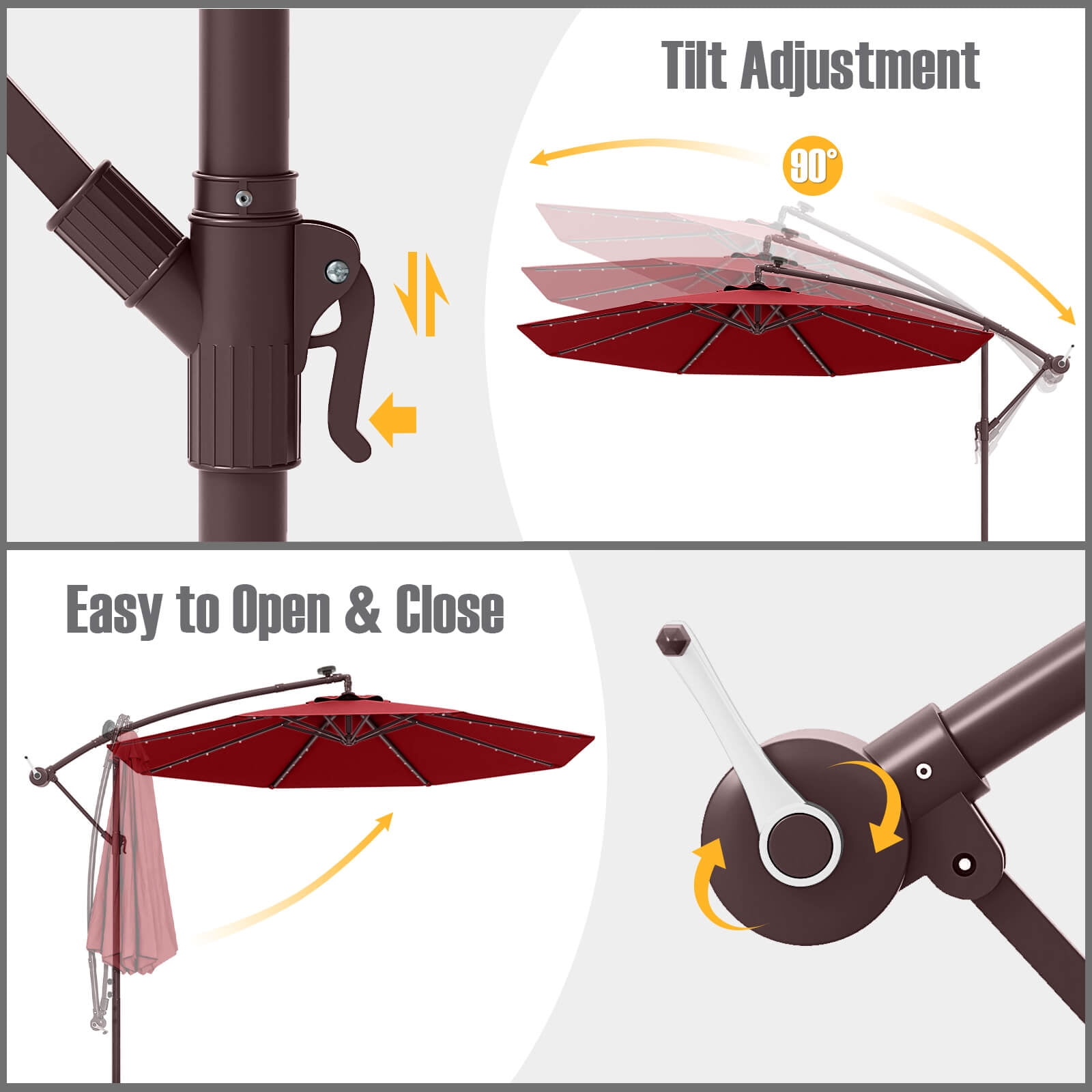 Costway Patio 10FT Hanging Offset Umbrella 32 LED Lights Sand Bag Outdoor Cross Base Wine