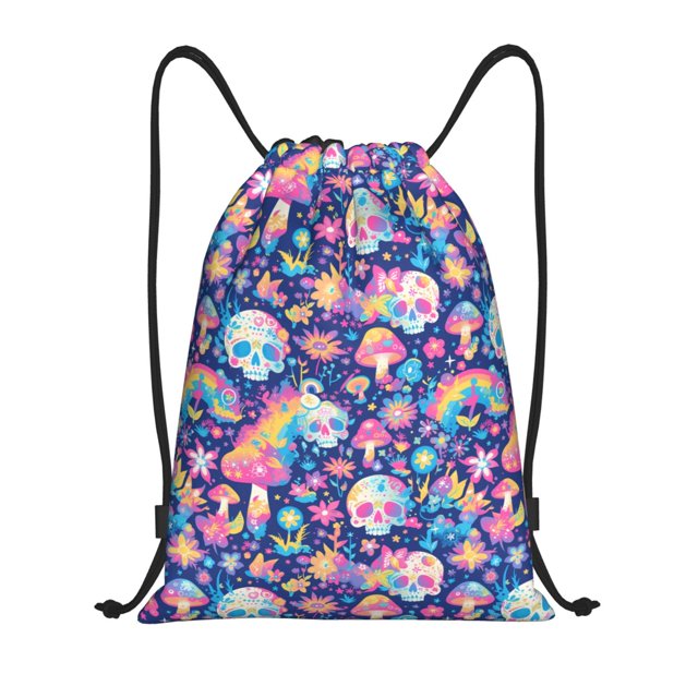 Xecao mushroom Skull rainbow color Pattern Sports Drawstring Backpack - String Swim Gym Bag with Wet Proof Pocket for Women&Men-Small