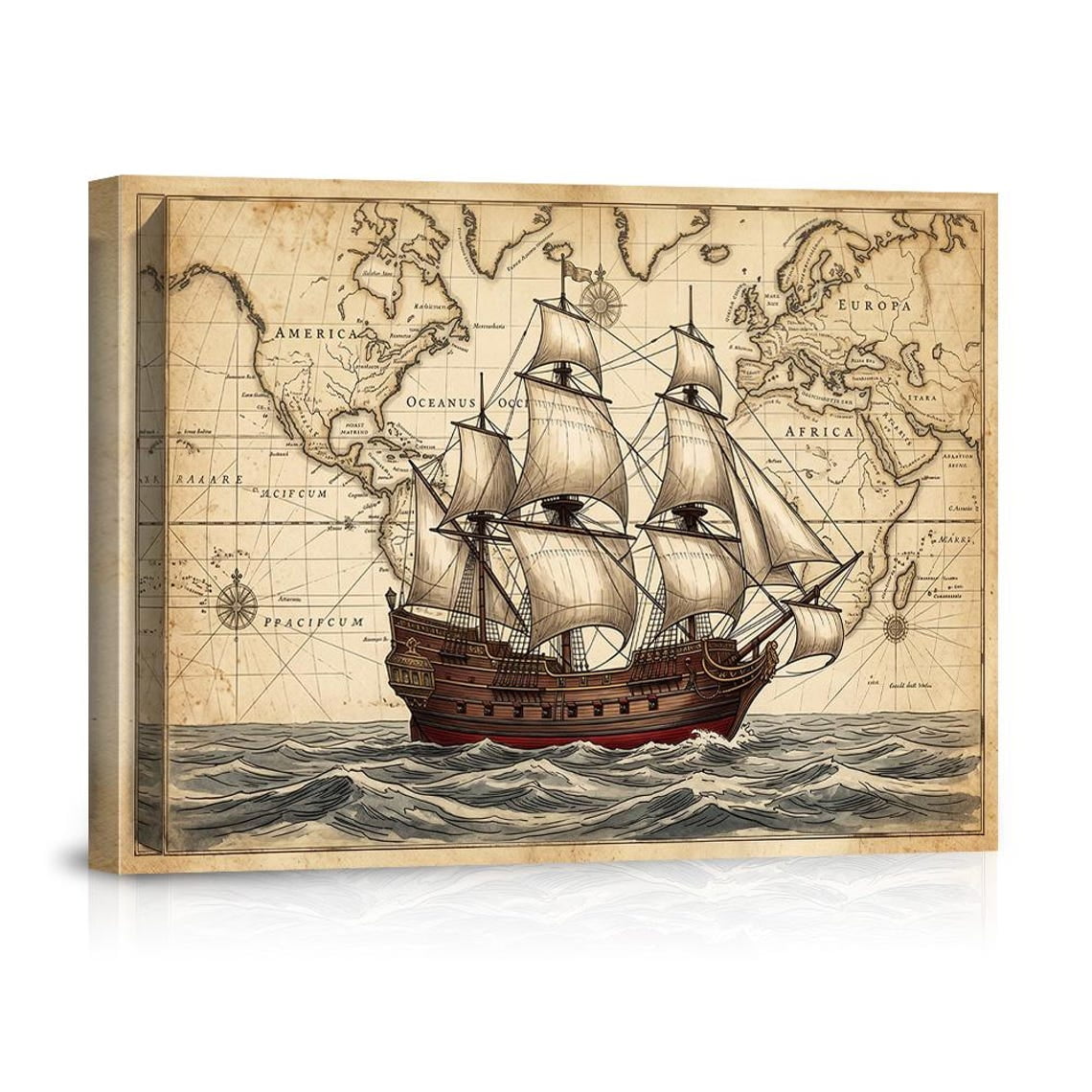 Vintage Nautical World Map Art Wall Art Antique Sailing Ship Old World Map Print Rustic Coastal Decor For Office Living Room Gift, Unframed Paper Print