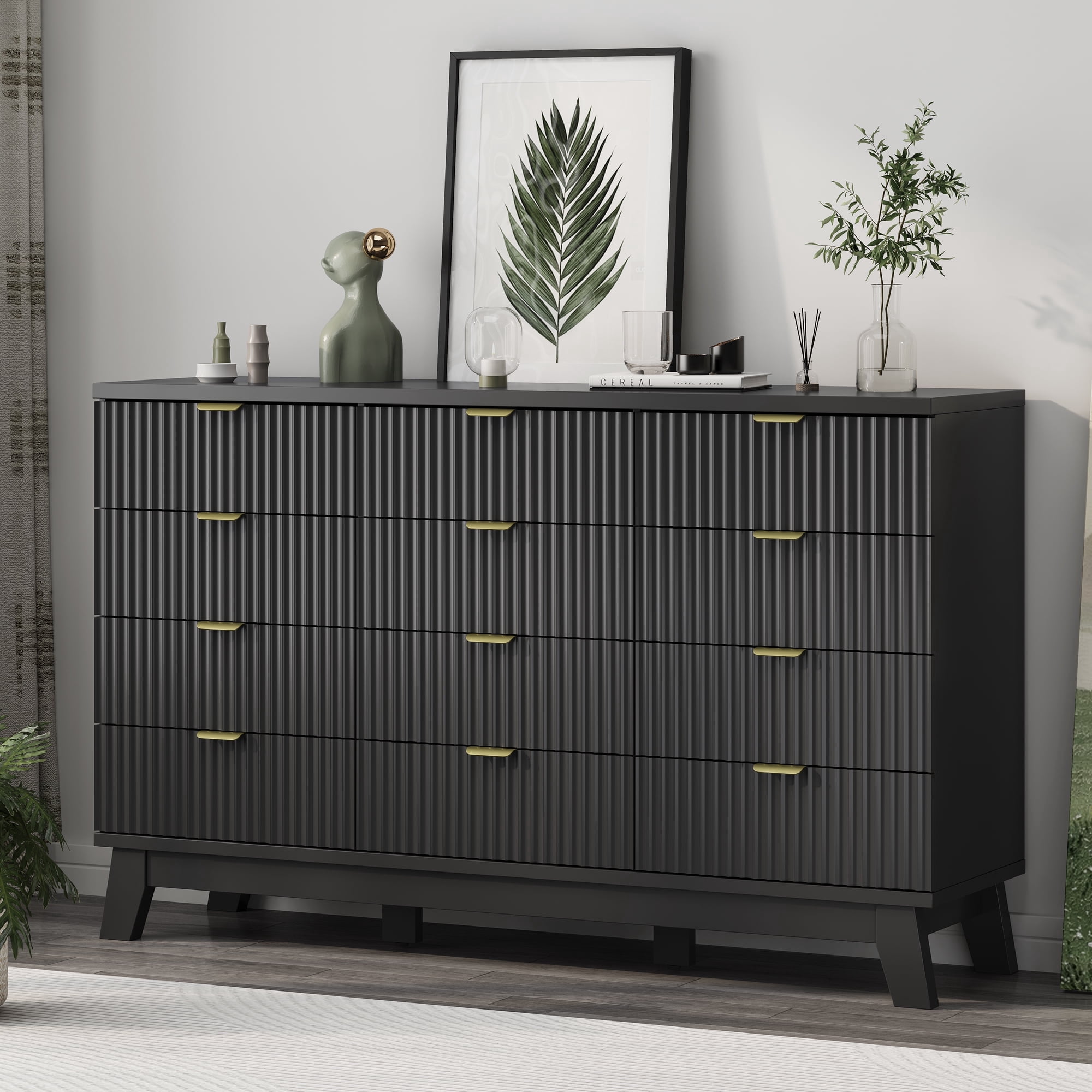 FANRAL 12 Drawers Dresser Fluted Dresser for Bedroom,Wooden Chest of Drawers Modern Dresser for Closet,Black Dresser