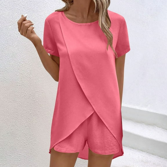 on Clearance Women's Tops Two Piece Set 2025 Summer Lounge Tracksuit Outfits Shorts And Short Sleeve Tops Knitted Clothes Ndbuld Hot Pink 2XL