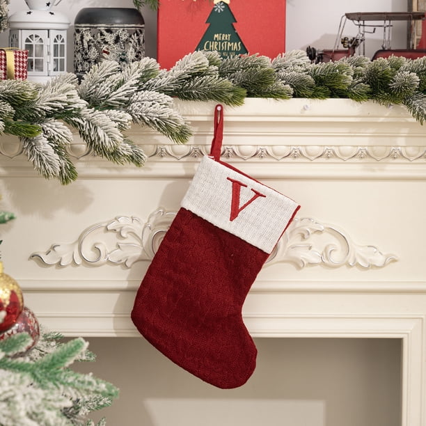 Calcetín navideño de punto | Medias navideñas con letras bordadas | Decoración para la repisa de la chimenea | Bolsa de regalo para dulces infantiles | Adorno navideño para el árbol
