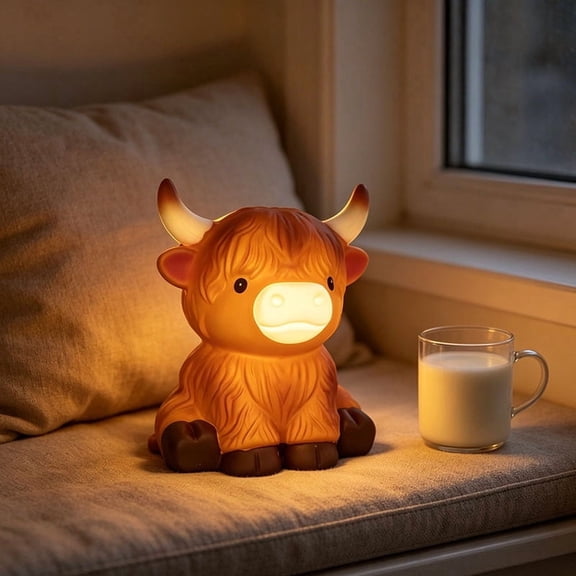 Cute Highland Cow Night Light USB Powered Soft Glow Nursery Lamp, Vinyl Material Nightlight for Bedroom Decor, Adorable Animal Figurine with Warm White LED Light