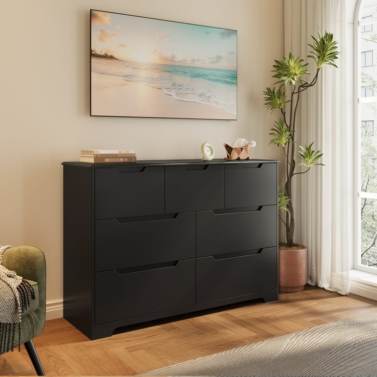 47" Wide Modern Dresser, Lofka 7-Drawer Storage with Thick Top & 14" Deep  Drawers (3 Small + 4 Large), Smooth Glide, No-Handle Design, Easy Assembly,  Anti-Tip, Black - Walmart.com