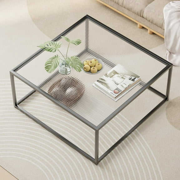 Glass Coffee Table Modern Center Table,Minimalist Coffee Table Sofa Side Tea Table for Living Room,Tempered Glass-top with Sturdy Metal Frame, Easy Assembly,26.4 x 26.4 x 15.7 Inches, Black