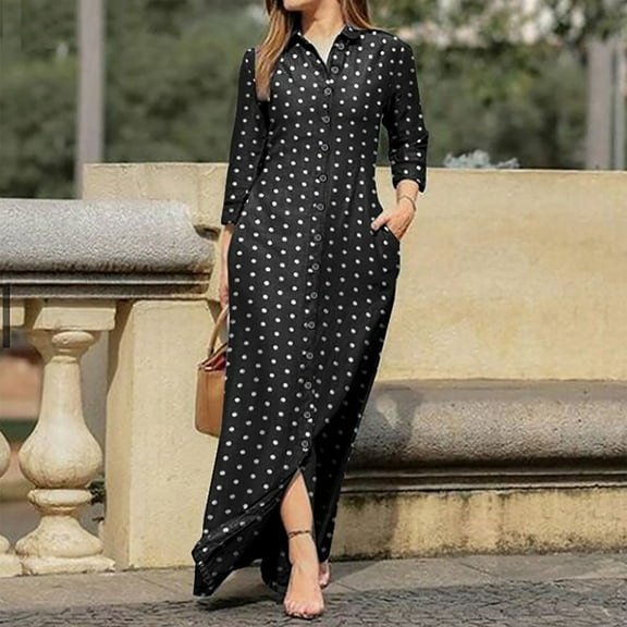 Lilgiuy Women's Casual Turn-down Collar Long Sleeve With Pocket Printed Long Dresses Gifts for Mom
