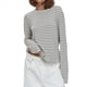 thumbnail image 2 of Camiseta de Larga A Rayas para Mujer, Cuello Redondo, Corte Holgado Gris S, 2 of 10