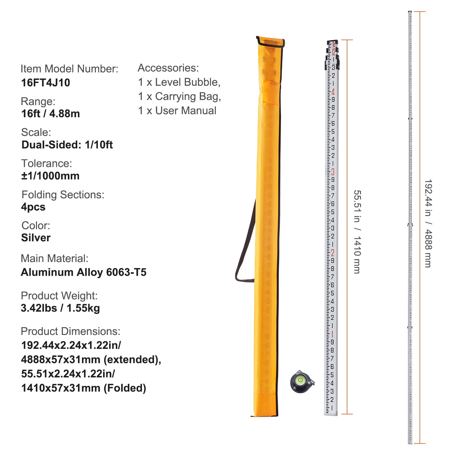 KFFKFF Aluminum Measuring Stick, 16-Ft/10ths, 4-Part Extendable Surveying Rod, Dual-Sided 1/10ft Scale, with Bubble Level & Carry Case for Residential & Commercial Construction