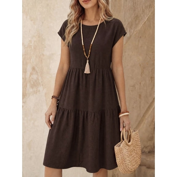 Womens Chocolate Brown Boho Midi Dress, Short Sleeve Round Neck Linen-Like